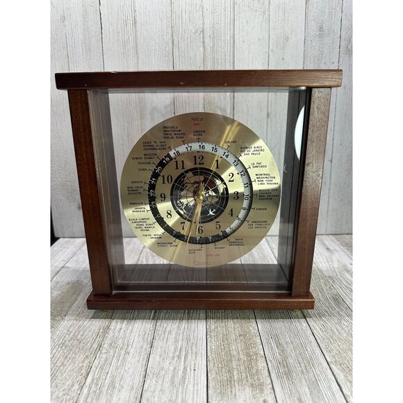 Vtg Selco Quartz World Time Zone Analog Clock Airplane Desk Mantle Tested Works!